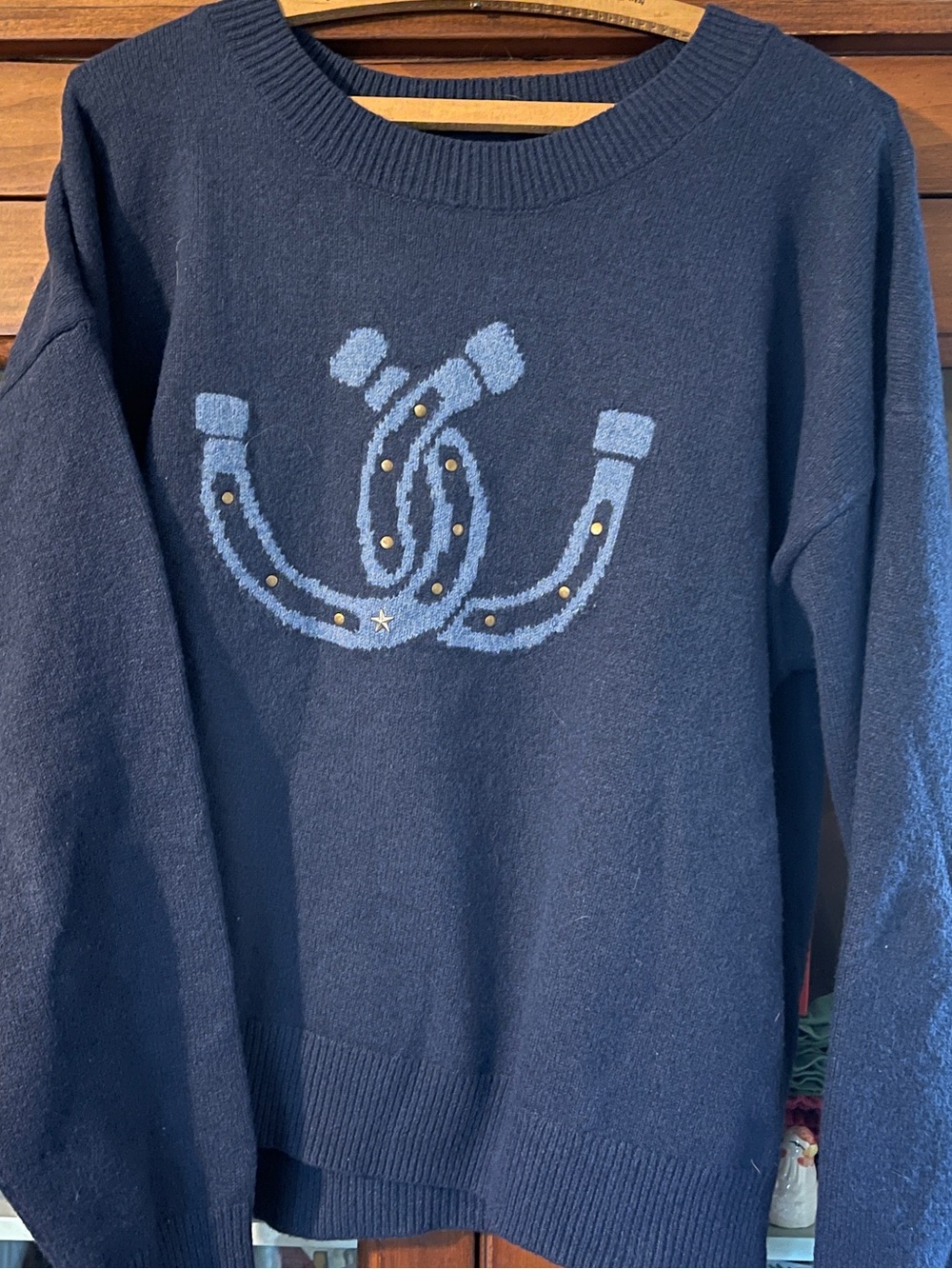 Lucky Brand Navy Crewneck Sweater with Light Blue Horseshoe Design